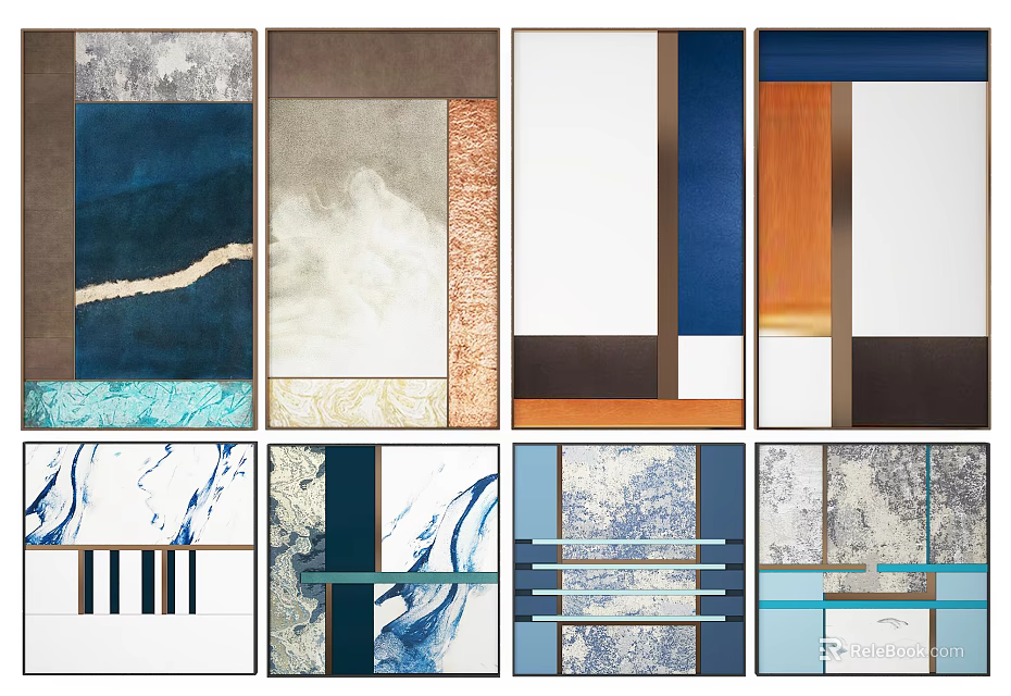 Modern Elegant Decorative Paintings With Geometric Patterns And Blue Brown Tones 3d model