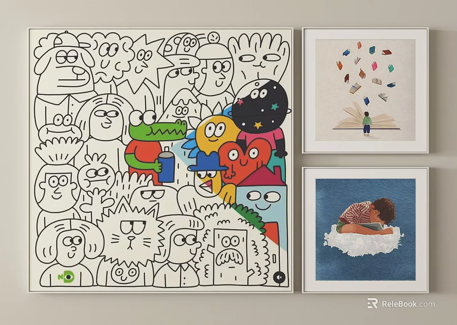 Three Decorative Art Paintings Featuring Abstract Figures Colorful Patterns And Child Cloud Elements 3d model 