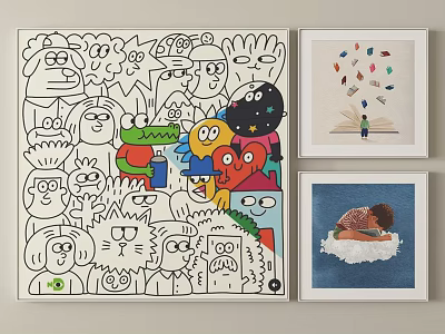 Three Decorative Art Paintings Featuring Abstract Figures Colorful Patterns And Child Cloud Elements 3d model