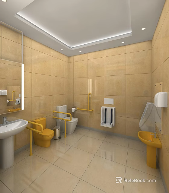 Public Restroom Interior With Yellow Handrails Toilets Urinals Sinks And Beige Tiled Walls 3d model 