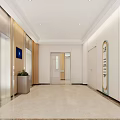 Modern Elevator Lobby With Wooden Walls Elevator Doors Digital Screen And Potted Plant
