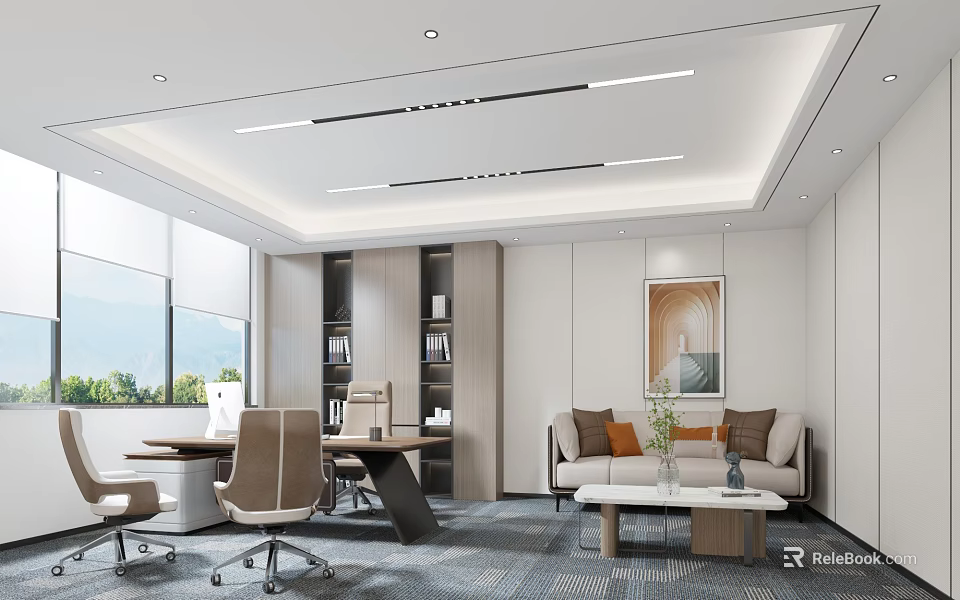 Modern Office Interior Design With Workstations Sofa Bookshelves And Large Windows 3d model 