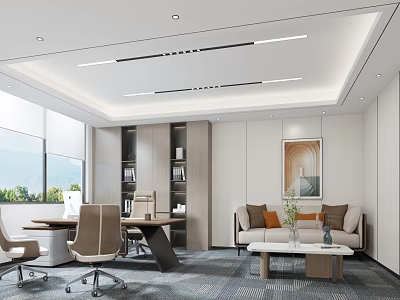 Modern Office Interior Design With Workstations Sofa Bookshelves And Large Windows 3d model
