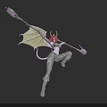 Woman with red hair horns and wings holding spear in purple gray outfit dynamic pose 3d model