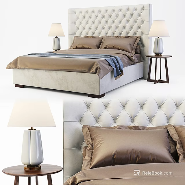 Elegant Double Bed With Tufted Headboard Brown Pillows And Bedside Table Lamps 3d model