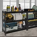Organized Garage Storage Space With Metal Shelves Toolboxes Plastic Baskets And Cleaning Supplies