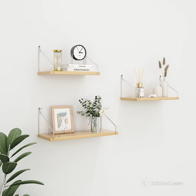 Wooden Wall Shelves on White Wall with Clock Books Photo Frame Flower Vase Dried Plants 3d model 