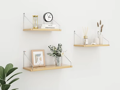 Wooden Wall Shelves on White Wall with Clock Books Photo Frame Flower Vase Dried Plants 3d model