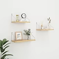 Wooden Wall Shelves on White Wall with Clock Books Photo Frame Flower Vase Dried Plants