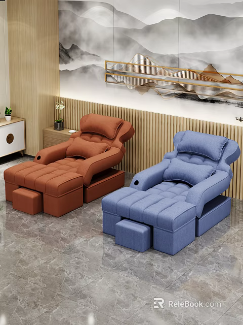 Modern Living Room Sofa Set With Orange Blue Recliner Chairs And Ottoman Footrests 3d model 