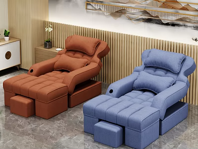 Modern Living Room Sofa Set With Orange Blue Recliner Chairs And Ottoman Footrests 3d model
