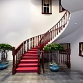 Elegant Spiral Staircase With Red Carpet Wooden Handrail And Green Plants Against White Walls