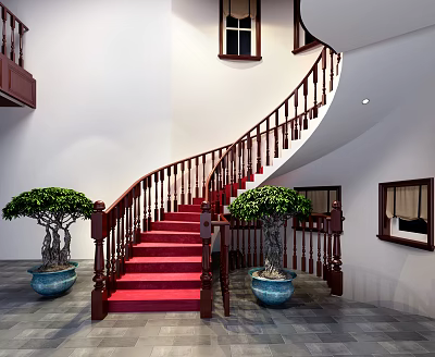 Elegant Spiral Staircase With Red Carpet Wooden Handrail And Green Plants Against White Walls 3d model