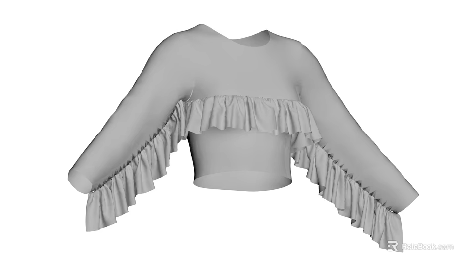 Gray Cropped Top With Long Sleeves And Ruffled Details On Shoulders And Hem 3d model 