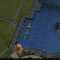 Outdoor Swing Door Design In Garden Landscape With Pool Lawn And Stone Path