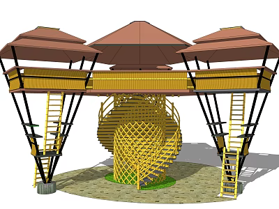 Unique Boutique Guesthouse Building With Umbrella Roof Spiral Staircase And Yellow Supporting Structures 3d model