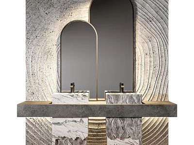 Modern Double Washbasin Vanity With Marble Countertop Arched Mirrors Textured Wall Illuminated Design 3d model