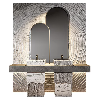Modern Double Washbasin Vanity With Marble Countertop Arched Mirrors Textured Wall Illuminated Design 3d model