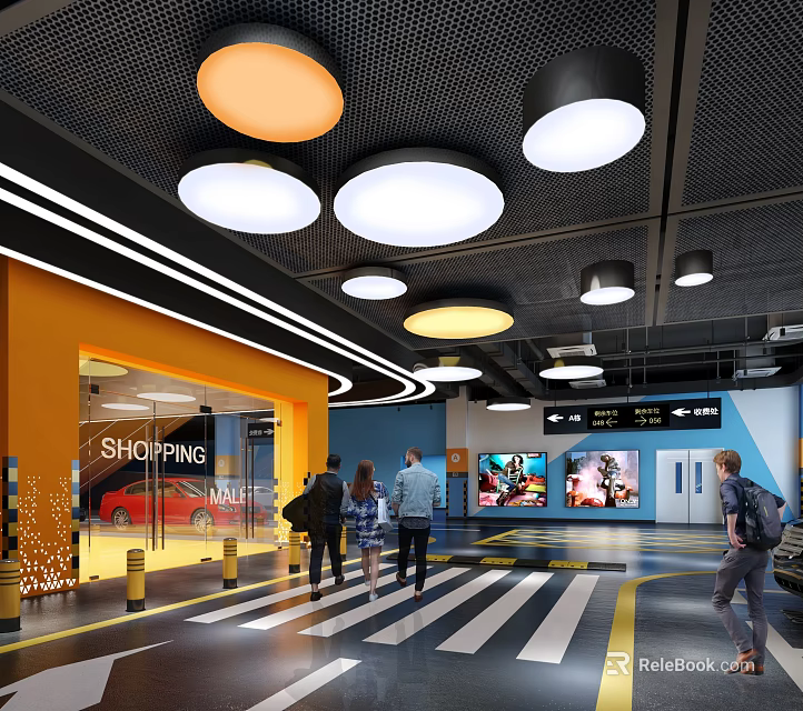 Modern Indoor Shopping Mall Parking Lot With Colorful Ceiling Lights Pedestrians And Signage 3d model 