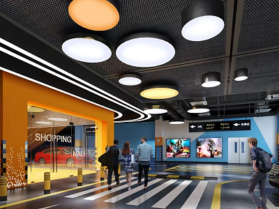 Modern Indoor Shopping Mall Parking Lot With Colorful Ceiling Lights Pedestrians And Signage 3d model