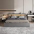 Modern Double Bed Interior with LED Headboard Nightstand Striped Wall and Round Mirror