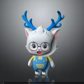 White Cartoon Cat Character With Blue Antlers Glasses And Blue Overalls With Yellow Buttons