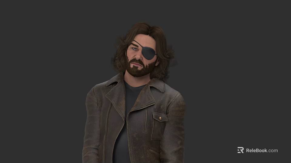 Game And Movie Character With Long Brown Hair Bearded Look Eyepatch And Brown Leather Jacket 3d model 