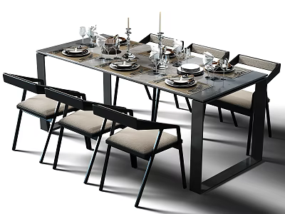 Modern Dining Table Set With Upholstered Chairs Metal Frame And Tableware 3d model