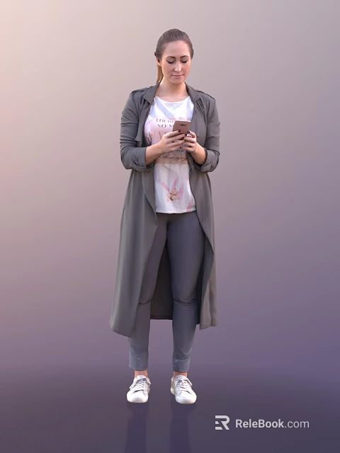 Woman Wearing Long Gray Coat White T-Shirt And Gray Pants Using Smartphone 3d model 