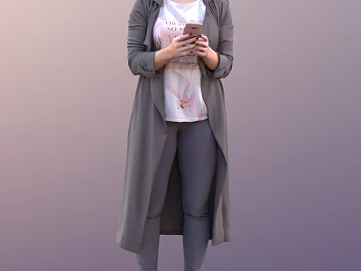 Woman Wearing Long Gray Coat White T-Shirt And Gray Pants Using Smartphone 3d model