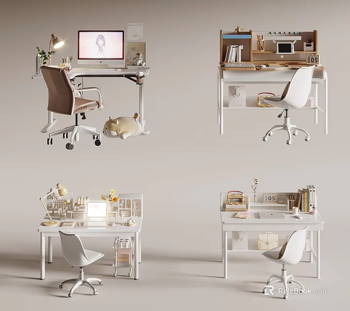 Modern Study Desk Designs With Chair Lamp Bookshelf And Decorative Items 3d model 