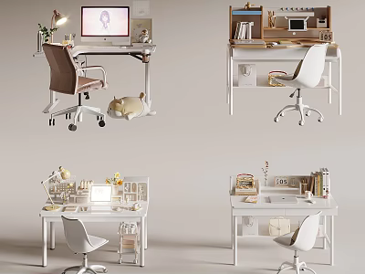 Modern Study Desk Designs With Chair Lamp Bookshelf And Decorative Items 3d model