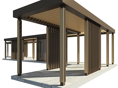 Modern Outdoor Pergola With Slatted Roof And Wooden Columns On Stone Patio Floor 3d model