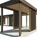 Modern Outdoor Pergola With Slatted Roof And Wooden Columns On Stone Patio Floor