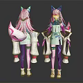 Anime Character With Fox Ears And Tails Pink Blue Hair White Outfit Front Back View