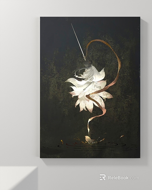 Abstract Painting With White Flower Brown Curves Dark Background Water Droplets And Ripples 3d model 