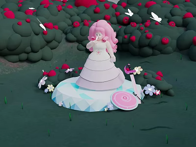 Pink Haired Character In White Dress With Butterflies And Red Flowers Garden Scene 3d model