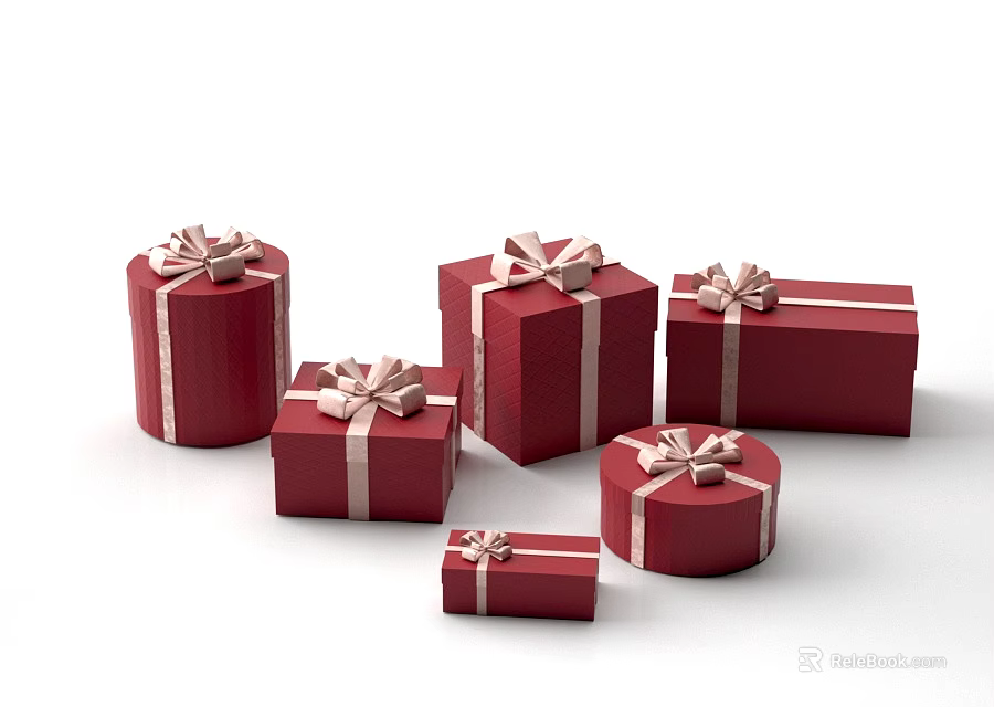 Red Gift Boxes With Ribbon Bows In Various Shapes And Sizes 3d model 