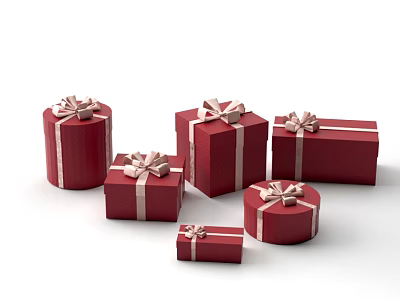 Red Gift Boxes With Ribbon Bows In Various Shapes And Sizes 3d model