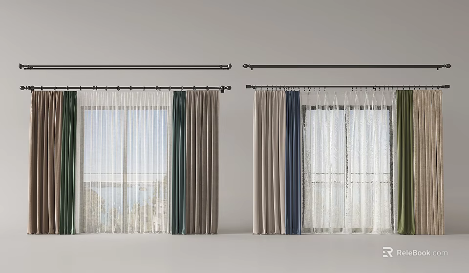 Modern Curtains With Sheer Layers Colorful Panels And Curtain Rods For Windows 3d model 