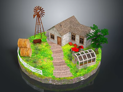 Cartoon Farm Scene With Windmill Cottage Hay Bales Tree Greenhouse Stone Path And White Fence 3d model