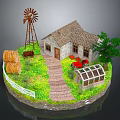 Cartoon Farm Scene With Windmill Cottage Hay Bales Tree Greenhouse Stone Path And White Fence