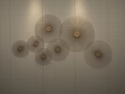Modern Circular Wall Decor with Radial Lines and Golden Centers on Light Colored Wall 3d model