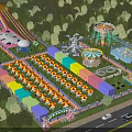 Colorful Amusement Park Featuring Slides Ferris Wheel Carousel Water Park Area And Parking Lot