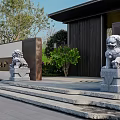Traditional Stone Lion Sculptures Displaying Three Different Poses With Intricately Carved Bases In Outdoor Grass