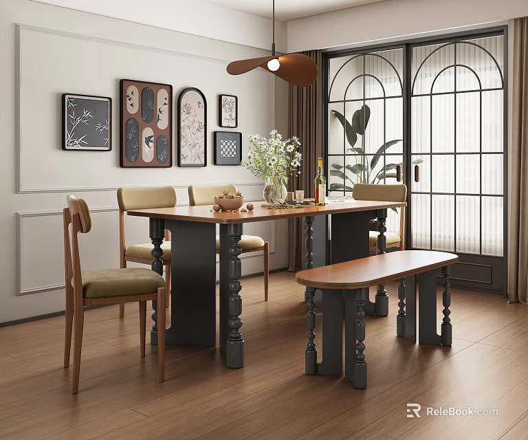 Modern Restaurant Dining Area With Table Chairs Bench Wall Art Plants And Large Windows 3d model 
