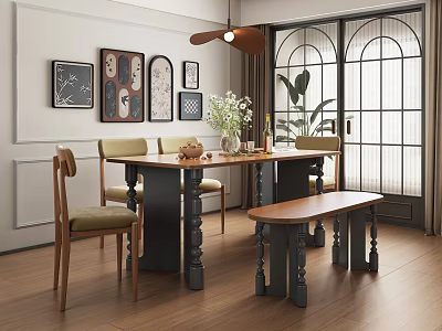 Modern Restaurant Dining Area With Table Chairs Bench Wall Art Plants And Large Windows 3d model