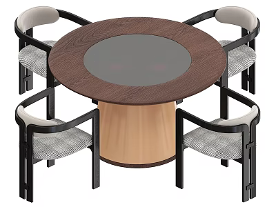 Modern Round Dining Table Set With Wooden Top Grey Center And Four Chairs 3d model
