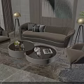 Modern Beige Sofa Set With Round Coffee Table Accent Chairs Floor Lamps And Throw Pillows