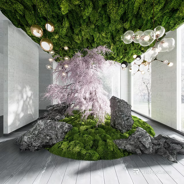 Indoor Space With Green Moss Ceiling Floor Pink Flowering Tree Rocks And Spherical Lights 3d model 